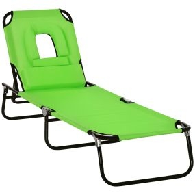 Tumbona plegable con respaldo regulable 4 posiciones, orificio de lectura, 190x56x28 cm, verde