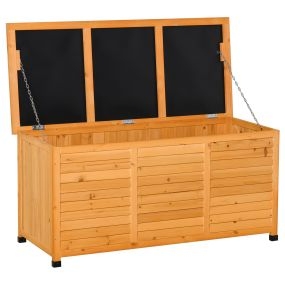 Baúl de almacenaje exterior 284 L de madera impermeable con tapa y diseño persiana 127x56x60 cm natural