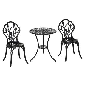 Conjunto de mesa y sillas de terraza exterior de aluminio 3 piezas negro con respaldo tulipán y orificio para sombrilla