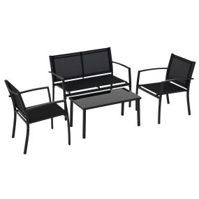 Conjunto de jardín exterior 4 piezas con 2 sillones, sofá 2 plazas y mesa de centro negra con vidrio templado