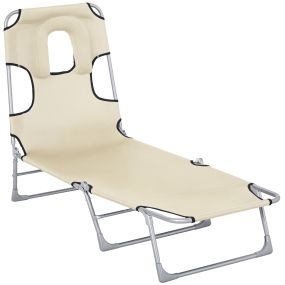 Tumbona reclinable y plegable de jardín beige 182x56x28 cm con reposacabezas y respaldo ajustable en 5 niveles