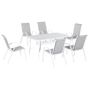 Conjunto de muebles de jardín de 7 piezas con mesa y 6 sillas gris con encimera de cristal y orificio para sombrilla