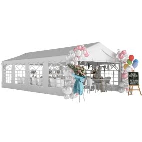 Carpa de fiesta 4x8 m de acero galvanizado con paredes extraíbles, puerta con cremallera y ventanas, blanco