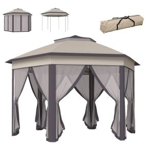 Carpa plegable 4x3,4 m cenador hexagonal con doble techo, mosquiteras y bolsa, marrón y beige