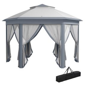 Carpa plegable 4x3,4 m hexagonal con doble techo, mosquiteras y bolsa, gris
