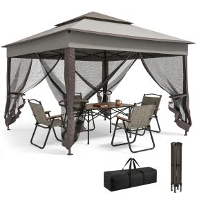 Carpa plegable gazebo 3,3x3,3 m con 4 paredes de malla anti-UV y bolsa de transporte gris