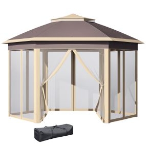 Carpa plegable 4x3,4x2,85 m cenador hexagonal beige con doble techo y mosquiteras desmontables