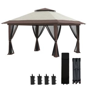 Carpa plegable pop-up 4x4x2,8 m beige con paredes, altura ajustable, anti-UV, impermeable, doble techo, mosquiteras y bolsa con ruedas