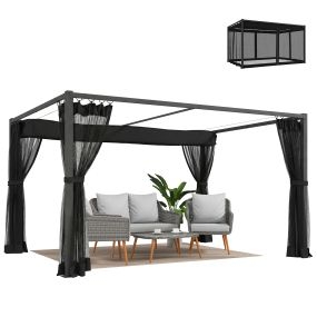 Pérgola de jardín 3x4 m con techo retráctil y 4 paredes laterales de malla, aluminio, gris oscuro