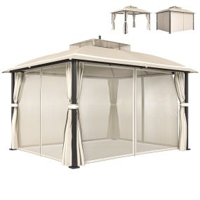 Cenador de jardín 3x3,7 m con doble techo, paredes laterales y mosquiteras, beige