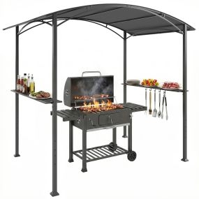 Carpa Barbacoa 2,4 x 1,5 m, Cenador de Pérgola con 2 Estantes Laterales, Toldo Resistente a la intemperie, Ganchos y Estructura de Acero, para Jardín Terraza Exterior Camping BBQ, Gris Oscuro