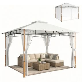 Cenador de jardín 3x3,6 m con doble techo, malla, UPF50+, metal, crema y teca