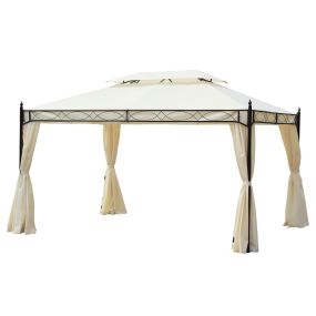 Cenador de jardín 4x3 m con doble techo, 4 cortinas, acero, anti-UV, blanco crema