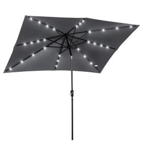 Sombrilla de jardín para terraza exterior 268x205x248 cm gris oscuro con luces LED solares y techo inclinable 45°