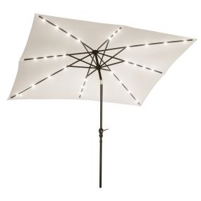 Sombrilla de terraza exterior 268x205x248 cm con techo inclinable 45° LED solares poste de acero y manivela blanco crema