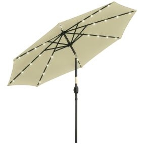 Sombrilla de terraza exterior Ø265 cm con 32 luces LED solares, poste de acero y manivela, beige