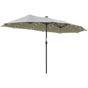 Sombrilla doble 48 luces LED 4,5x2,65 m con manivela, resistente al agua, gris claro