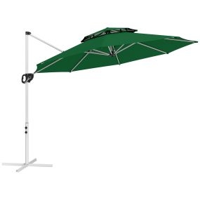 Sombrilla de jardín Ø292 cm excéntrica con manivela, giratoria 360°, inclinable, verde oscuro