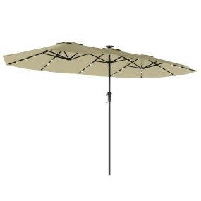 Sombrilla doble 4x2 m con 36 luces LED solares, manivela, UPF50+, 12 varillas, beige