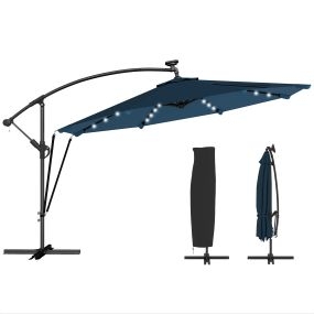 Parasol excéntrico LED solar Ø345 cm aluminio azul marino UPF50+ con base cruzada y manivela