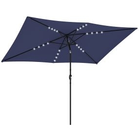 Sombrilla de terraza exterior 2,9x2,5 m con 24 luces LED solares, dosel inclinable, azul oscuro