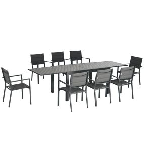 Conjunto de muebles de jardín de 9 piezas de aluminio gris con mesa extensible y 8 sillas apilables