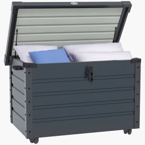 Arcón exterior 295L de acero galvanizado gris oscuro con ruedas, asas y tapa con cerradura 100x62x65 cm