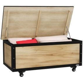 Baúl de exterior 121 L de madera con 4 ruedas 100x50x43 cm natural y negro