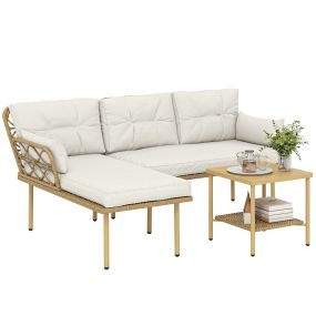 Conjunto de jardín de ratán 3 piezas con sofá 2 plazas, sofá esquinero, mesa y cojines, crema