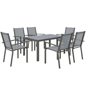 Conjunto de mesa y sillas de jardín de 7 piezas con 6 sillas apilables y marco de acero gris claro