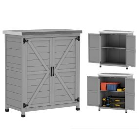 Armario de exterior de madera gris con techo de acero galvanizado, estante y 2 puertas, 79x43x92 cm