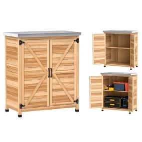 Armario de exterior de madera con techo de acero galvanizado, estante y 2 puertas, 79x43x92 cm natural