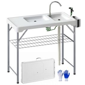 Mesa portátil para limpiar pescado plegable con 2 fregaderos, manguera y grifo 108x58x92 cm blanco