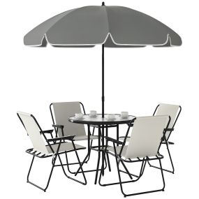 Conjunto de mesa y sillas de jardín 6 piezas con 4 sillas plegables, mesa de vidrio y sombrilla crema