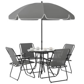 Conjunto de mesa y sillas de jardín 6 piezas gris con 4 sillas plegables, mesa de vidrio y sombrilla