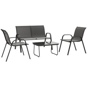 Conjunto de jardín exterior 4 piezas negro con 2 sillones apilables, sofá 2 plazas y mesa de vidrio templado