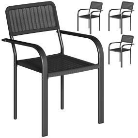 Juego de 4 sillas de jardín apilables efecto ratán con reposabrazos, acero, negro, 55x60x83 cm