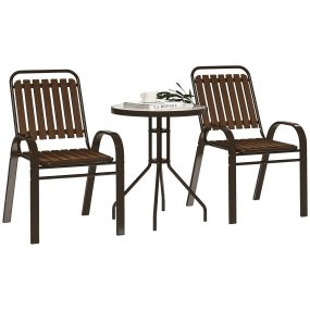 Conjunto de jardín exterior 3 piezas con 2 sillas apilables, mesa de vidrio templado y acero, marrón oscuro