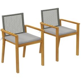 Juego de 2 sillas de jardín exterior de madera natural apilables con cojines desmontables y brazos 59x55x86 cm