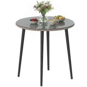 Mesa de comedor de jardín redonda 80x80x74 cm con tablero de vidrio templado, borde de ratán, acero, gris