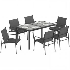 Conjunto de mesa y sillas de jardín de 7 piezas, mesa efecto madera, 6 sillas, negro