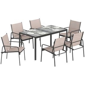 Conjunto de mesa y sillas de jardín 7 piezas con mesa efecto madera y 6 sillas caqui