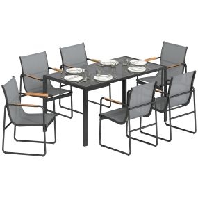 Conjunto de mesa y sillas de jardín 7 piezas con mesa de vidrio templado y 6 sillas grises