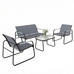 Conjunto de jardín exterior de 4 piezas con sofá 2 plazas, 2 sillones y mesa de vidrio templado gris
