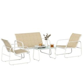 Conjunto de jardín exterior de 4 piezas con sofá 2 plazas, 2 sillones, mesa de vidrio templado, textilene y acero, caqui