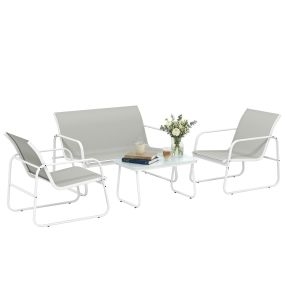 Conjunto de jardín exterior 4 piezas gris claro con sofá 2 plazas, 2 sillones y mesa de vidrio templado