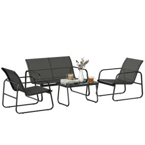 Conjunto de jardín exterior 4 piezas gris oscuro con sofá 2 plazas, 2 sillones y mesa de vidrio templado