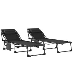 Set de 2 tumbonas plegables de jardín exterior con reposacabezas, bolsillo lateral y respaldo reclinable, negras