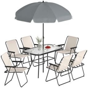 Conjunto de mesa y sillas de jardín de 8 piezas con sombrilla, 6 sillas plegables, crema