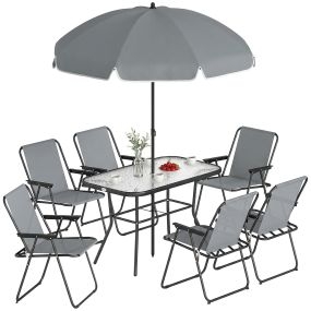 Conjunto de mesa y sillas de jardín de 8 piezas con sombrilla, 6 sillas plegables, gris